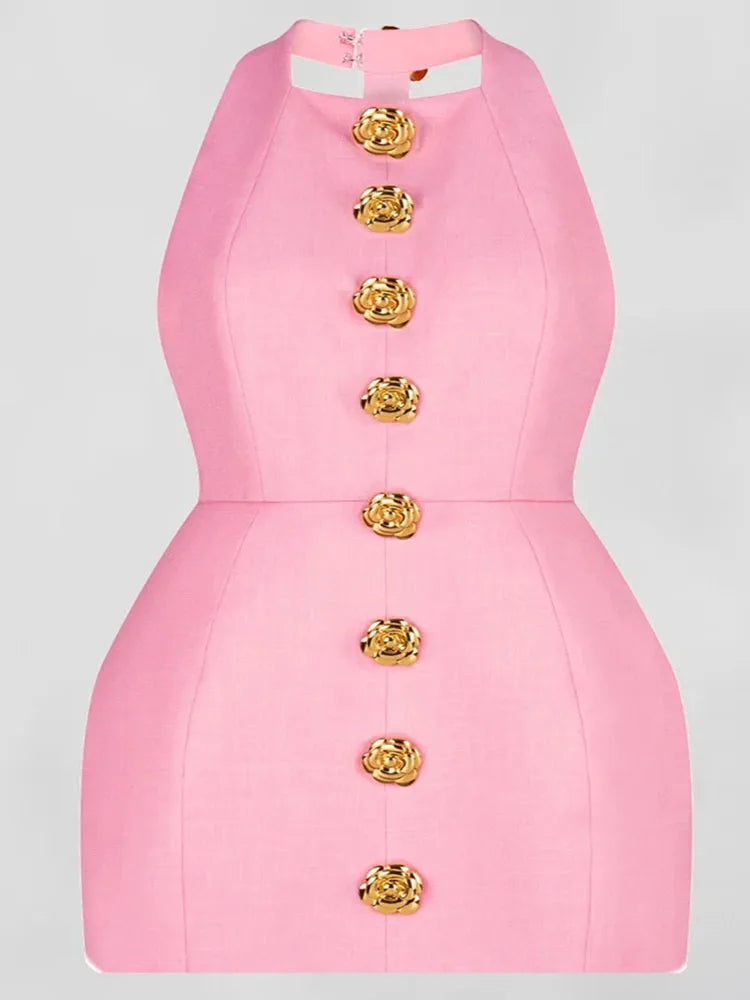 Chic Pink Halter Mini Dress – Backless, Sleeveless, Gold Button | Summer Party Dress 2025
