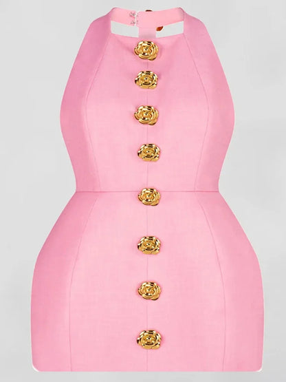Chic Pink Halter Mini Dress – Backless, Sleeveless, Gold Button | Summer Party Dress 2025