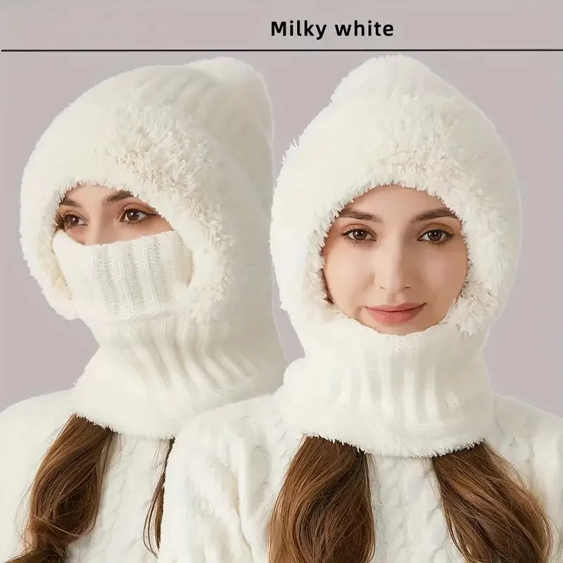 Thermal Fleece Knit Beanie with Ear Covers All-in-One Windproof Hood Neck Warmer Specifically for Bicycle Riders