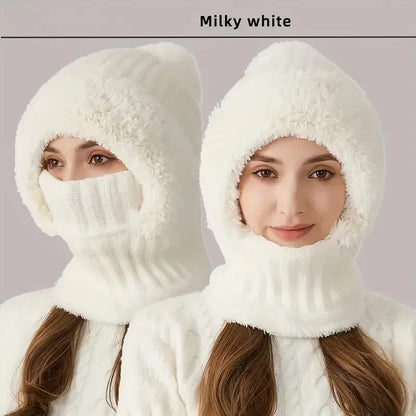 Thermal Fleece Knit Beanie with Ear Covers All-in-One Windproof Hood Neck Warmer Specifically for Bicycle Riders