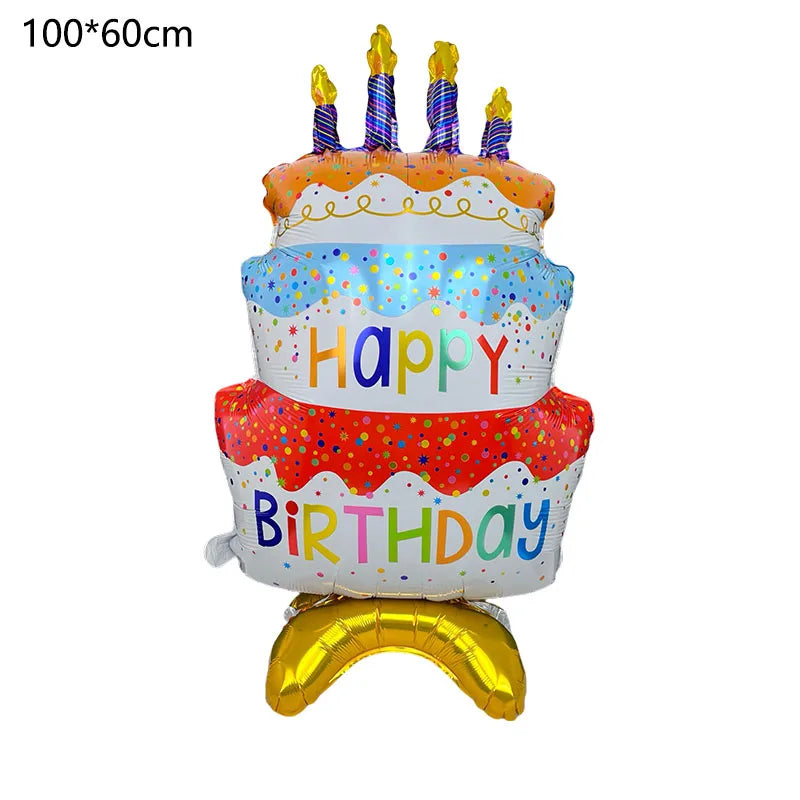 Birthday Cake Balloon with Base Standing Foil Balloon Cute Cake Balloon Kids Boy Girl Birthday Party Decor Supplies Baby Shower
