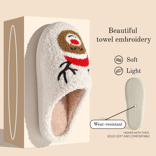 Christmas Women Warm Fashion Slippers Men Cute Santa Claus Embroidery Pattern Slides Couples Furry Sandals Family Plush Shoes