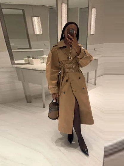 Double-Buckled Belted Hooded Trench Coat Oversized Long Sleeve Maxi 2025 Autumn Edgy Women Outerwear Fashion Trendy Lady Jacket
