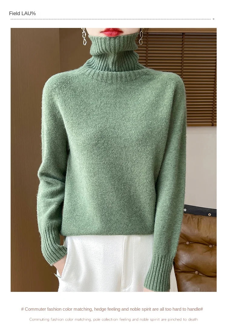 Women's Clothing New Fashion Autumn And Winter Merino Wool Pullover Solid Color Long Sleeve Basic Thermal Top 100% Wool Sweater