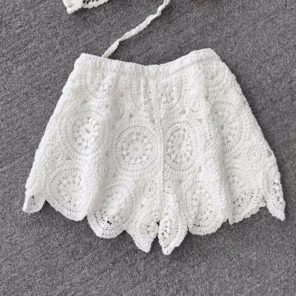 SINGREINY Knit Two Piece Sets Women Summer Vacation Backless Camisole Elastic Waist Shorts Hollow Out Y2K Beach Style Suits