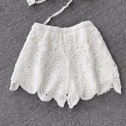 SINGREINY Knit Two Piece Sets Women Summer Vacation Backless Camisole Elastic Waist Shorts Hollow Out Y2K Beach Style Suits