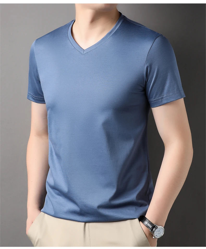 Top Grade 1.7% Mulberry Silk New Summer Brand Tops V Neck t Shirts For Men 2025 Short Sleeve Casual Fashion Mens Clothing