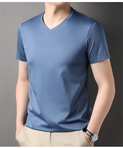 Top Grade 1.7% Mulberry Silk New Summer Brand Tops V Neck t Shirts For Men 2025 Short Sleeve Casual Fashion Mens Clothing