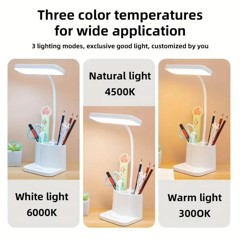 Adjustable LED desktop light with touch, eye protection, 3 color temperature modes, pen holder, USB rechargeable, for reading