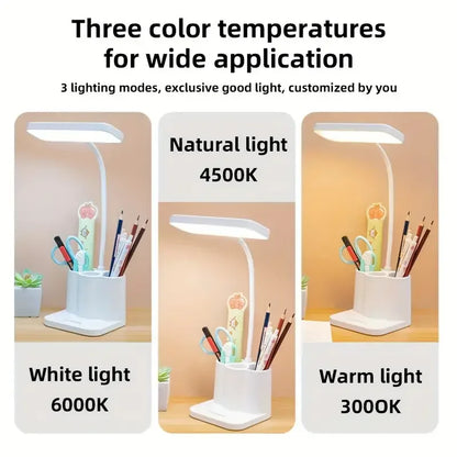 Adjustable LED desktop light with touch, eye protection, 3 color temperature modes, pen holder, USB rechargeable, for reading
