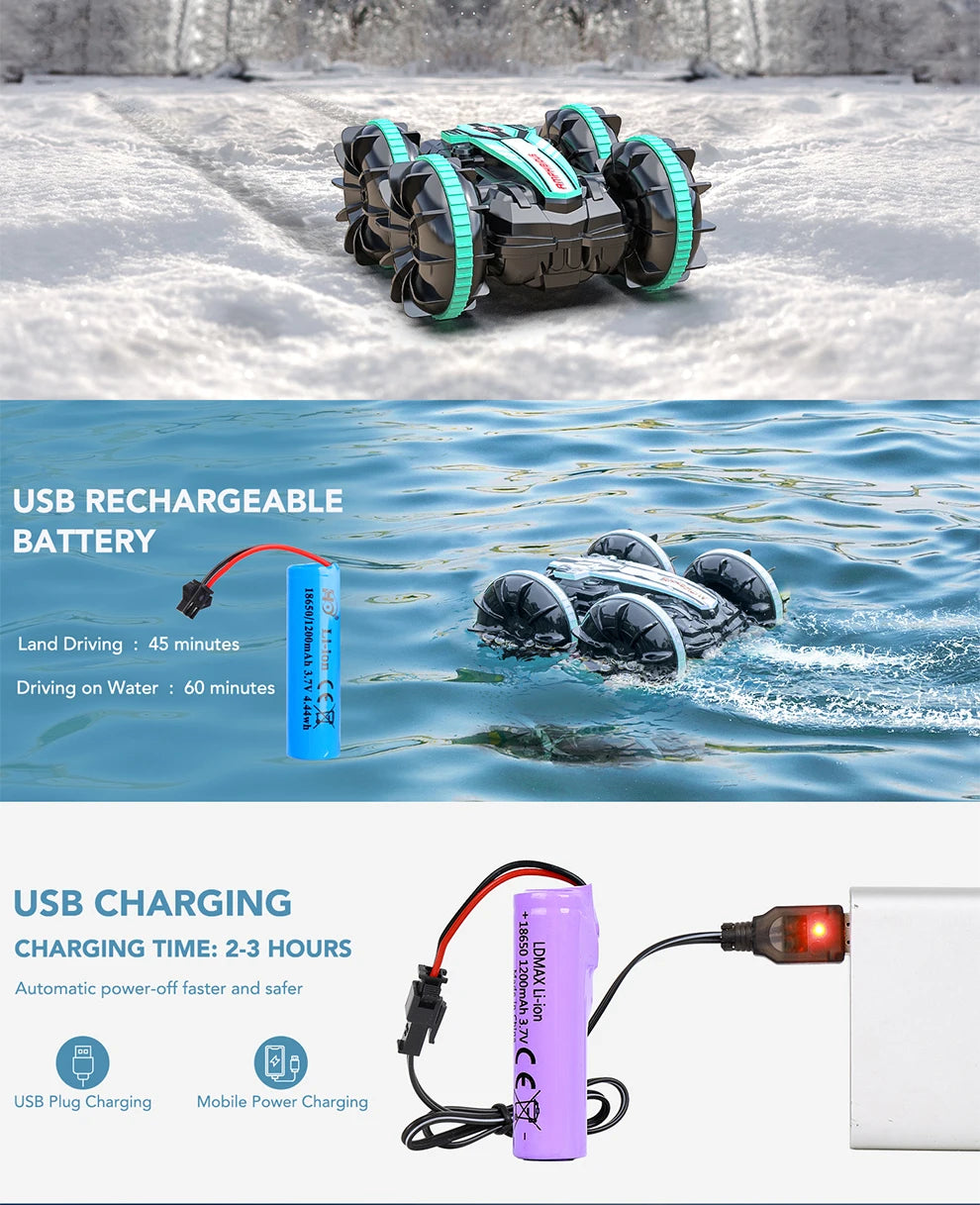 Remote Control Car 2.4G Rc Boat Waterproof Controlled Amphibious Stunt Car 4WD All Terrain Beach Pool Toys for Boys Girls Gift