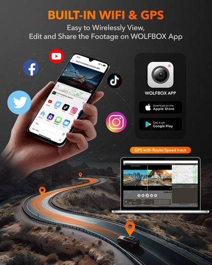 WOLFBOX I07 Dash  Cam 3 Channel Dash Camera for Car Front and Rear 4K Dash Camera with GPS WiFi Car Dvr for 170 FOV WDR