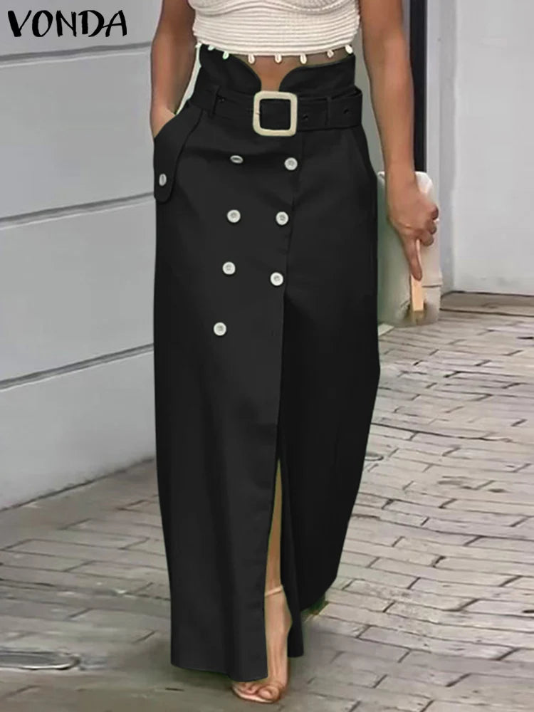 VONDA Women Elegant Skirts 2025 Casual Waistband Button Design Slit Long Overskirts Solid Color Office Lady Bottoms Oversized