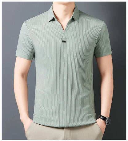 Men’s Breathable Ice Silk Stripe Polo Shirt – Summer Casual