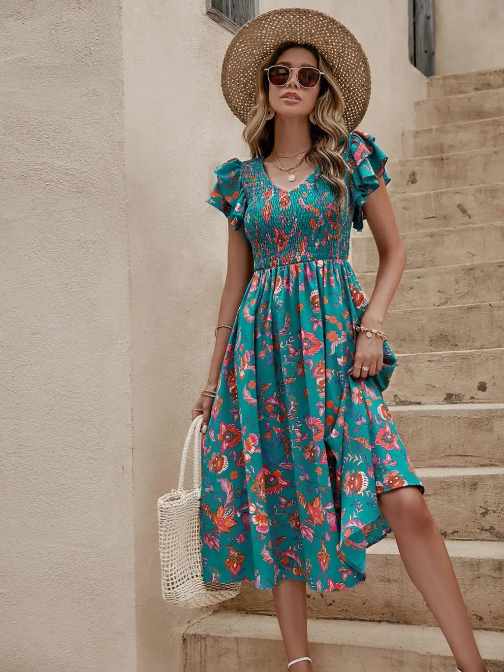 Summer Floral Print Midi Dress Women Fashion Slim Ruffle Sleeve Beach Dress Casual Elegant Green A-line New In Dresses