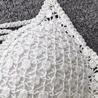 SINGREINY Knit Two Piece Sets Women Summer Vacation Backless Camisole Elastic Waist Shorts Hollow Out Y2K Beach Style Suits