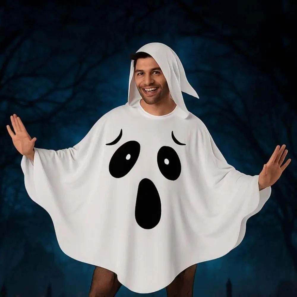 White Halloween Cloak Cape Fright Clothes Trick-or-Treat Spooky Pumpkin Cloak Smock Style with Hat Ghost Cosplay Costume Men
