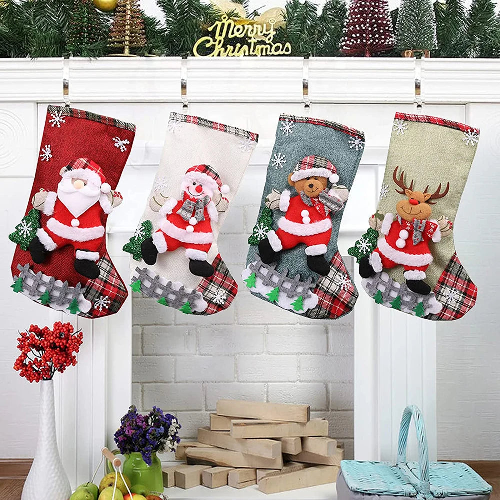 4Pcs Christmas Stockings Set Large Capacity Christmas Ornament Sock Santa Claus/Snowman/Bear/Elk for Home Classroom Party