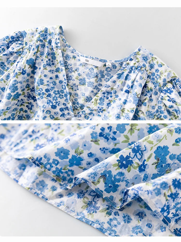 FSLE Blue Romantic Floral Dress Women Elegant Vintage High Waist V-neck Puff Sleeve Summer Printing Female Cotton Long Skirts