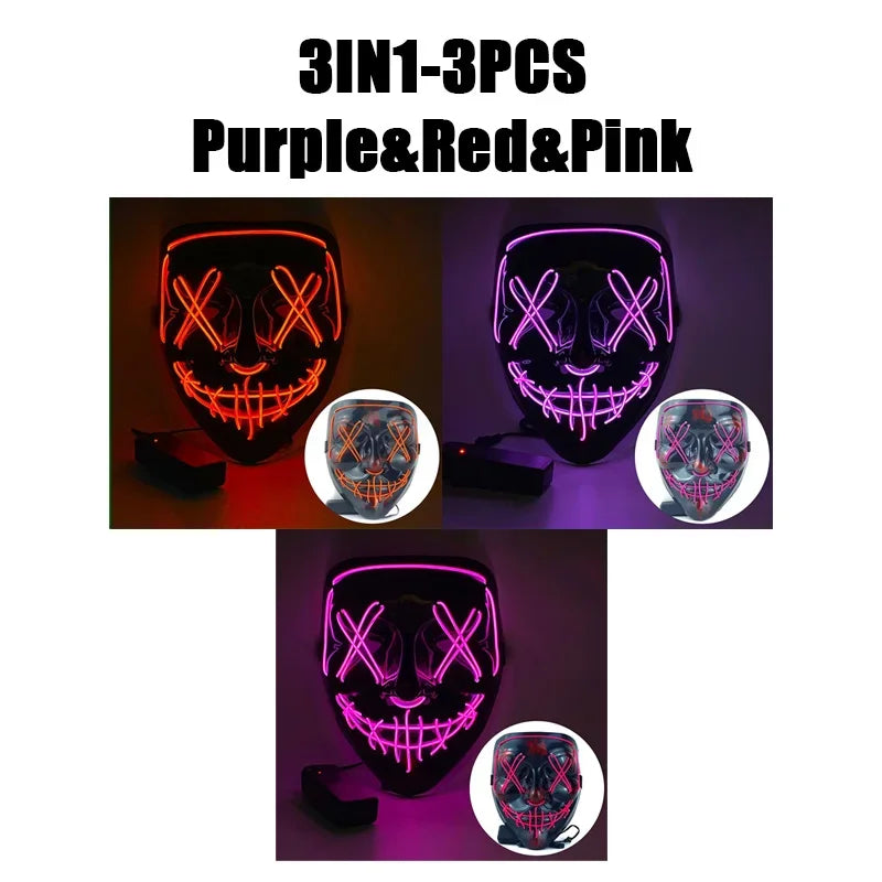 LED Halloween Mask Glow in The Dark Scary Terror Face Cover Bright Scream Light Up Costume for Men Carnival Party