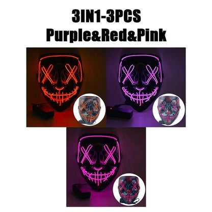 LED Halloween Mask Glow in The Dark Scary Terror Face Cover Bright Scream Light Up Costume for Men Carnival Party