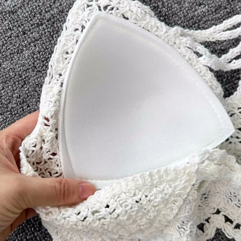 SINGREINY Knit Two Piece Sets Women Summer Vacation Backless Camisole Elastic Waist Shorts Hollow Out Y2K Beach Style Suits