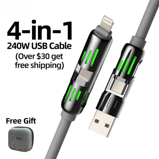 4-in-1 Fast Charging Cable 240W – USB-C, Lightning, USB-A