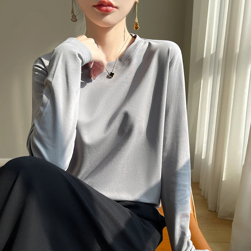 Spring Autumn 100% Cotton Long-Sleeved T-Shirt Women's Round Neck Mercerized Cotton Bottoming Shirt Loose Top