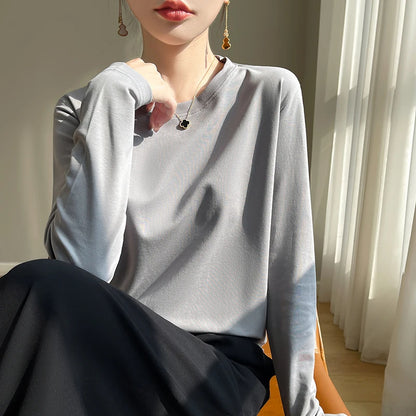 Spring Autumn 100% Cotton Long-Sleeved T-Shirt Women's Round Neck Mercerized Cotton Bottoming Shirt Loose Top
