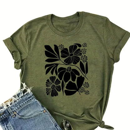flower print t-shirt, short sleeve crew neck casual top for summer & sprng, women's clothing