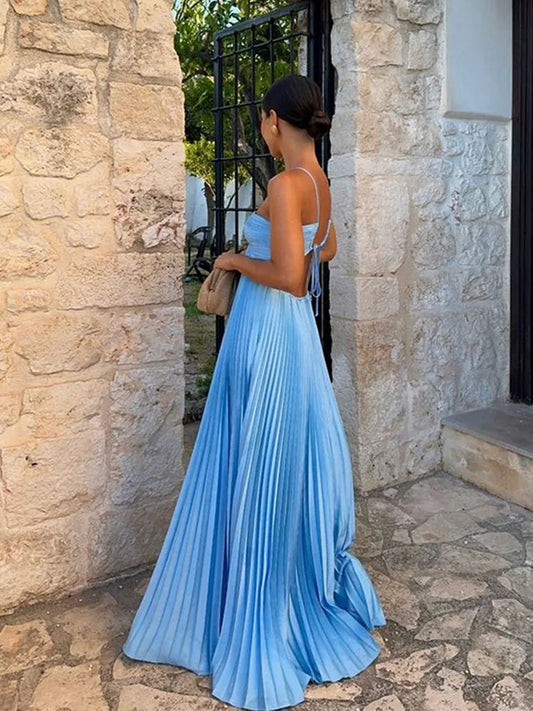 Women's Halter Backless Pleated Maxi Dress – Beach Vibes 2025