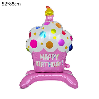 Birthday Cake Balloon with Base Standing Foil Balloon Cute Cake Balloon Kids Boy Girl Birthday Party Decor Supplies Baby Shower