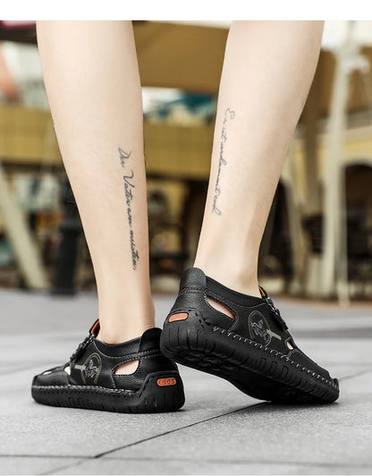 Men’s Leather Roman Sandals – Breathable Handmade Casual Summer Shoes for Outdoor & Beach