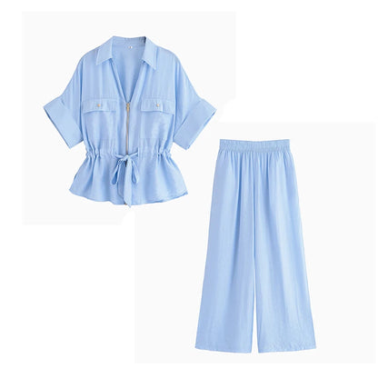 Women’s Summer 2-Piece Set – Loose Shirt & High-Waist Pants