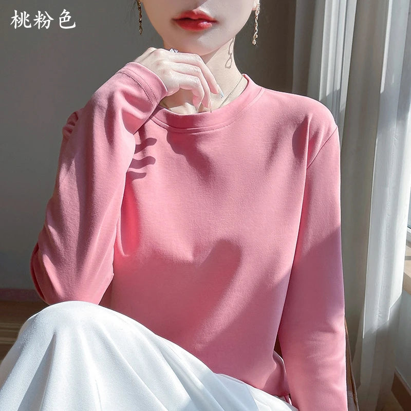 Spring Autumn 100% Cotton Long-Sleeved T-Shirt Women's Round Neck Mercerized Cotton Bottoming Shirt Loose Top