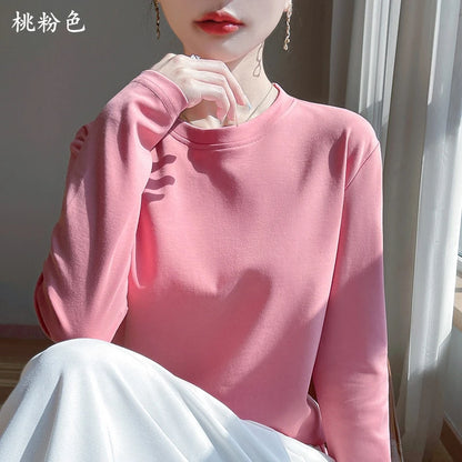 Spring Autumn 100% Cotton Long-Sleeved T-Shirt Women's Round Neck Mercerized Cotton Bottoming Shirt Loose Top