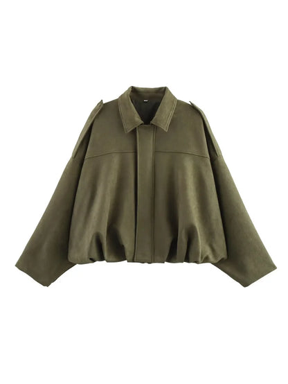 Women’s Suede-Texture Bomber Jacket – Casual Lapel Zip Coat | ETJ