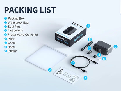 TOPUMP TB2 PRO Electric Mini Portable Pump for Bike Cordless Tire Inflator 120PSI Max 450mAh Battery with Display Fast Charging