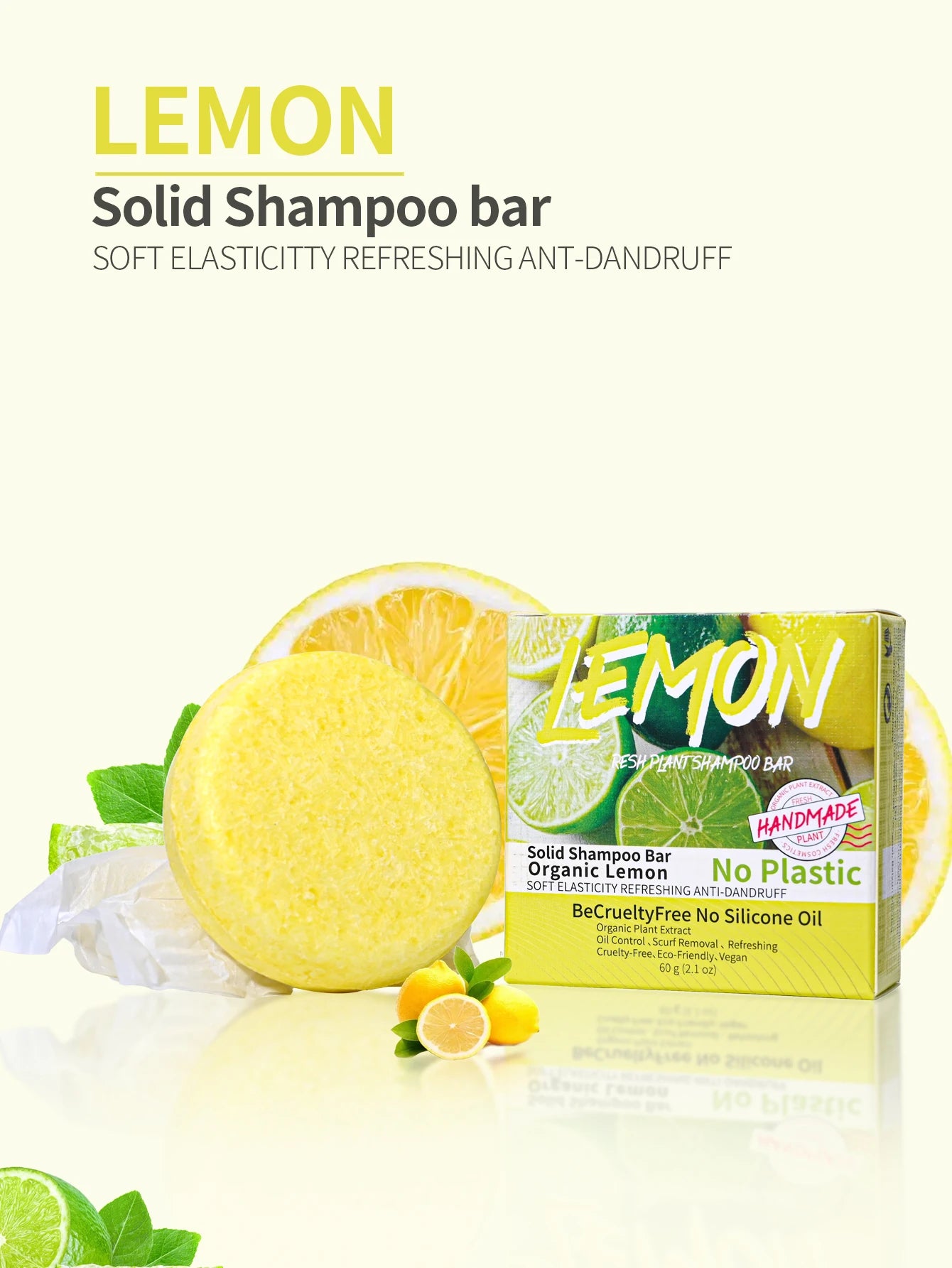 J+60g Nature Plant Lemon Solid Shampoo Refreshing Oil Control Shampoo Bar Extraction Dandruff Shampoo Vegan Soap