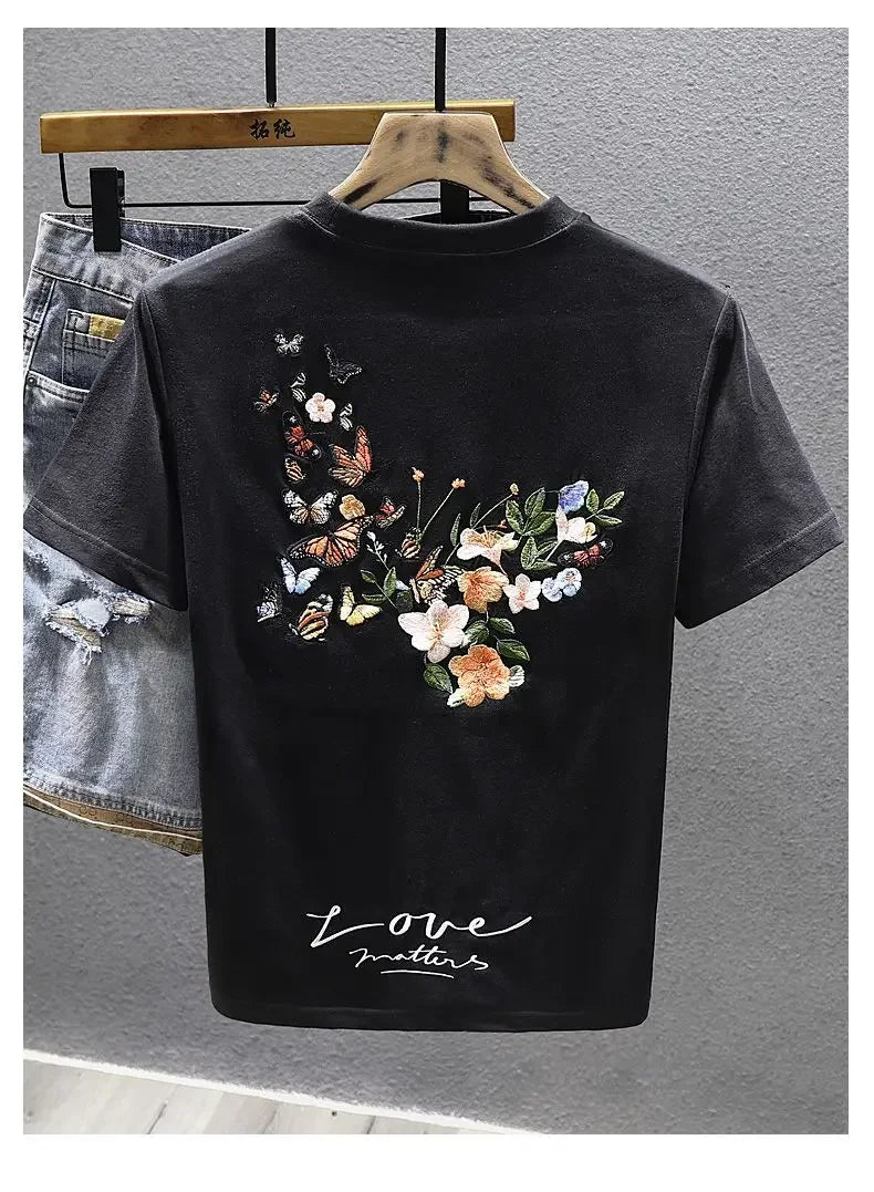 2025 Summer New Chinese Style Butterfly Embroidered Short-sleeved T-shirt Men Loose Casual Top