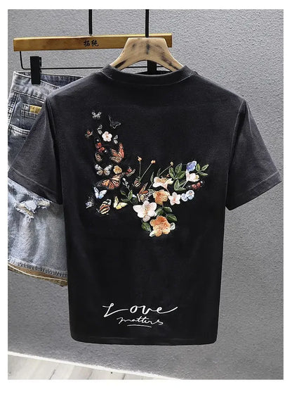 2025 Summer New Chinese Style Butterfly Embroidered Short-sleeved T-shirt Men Loose Casual Top