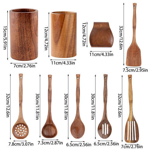 Wooden Kitchenware Cooking Utensils Set Non-stick Cookware Spatula Shovel Natural Teak Wooden Kitchen Cooking Tool Set 2025