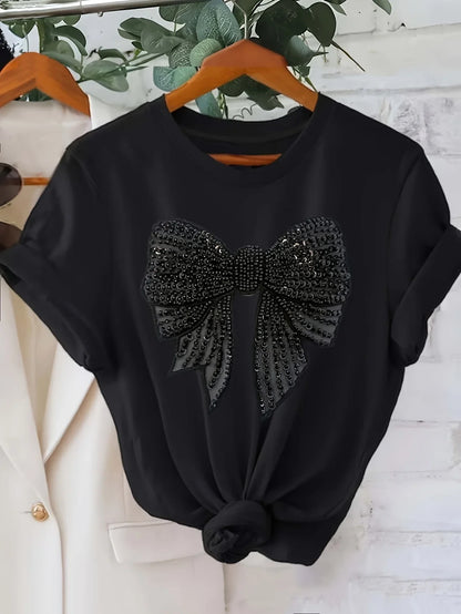 Women’s Black Rhinestone Bow Tee – Casual Short Sleeve Top