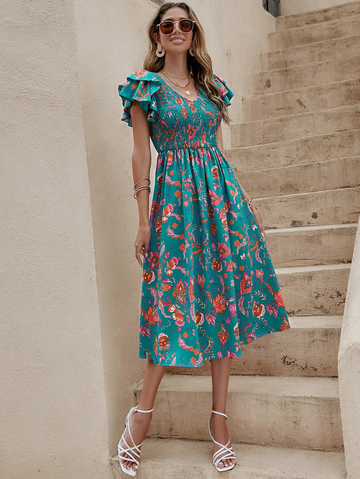 Summer Floral Print Midi Dress Women Fashion Slim Ruffle Sleeve Beach Dress Casual Elegant Green A-line New In Dresses
