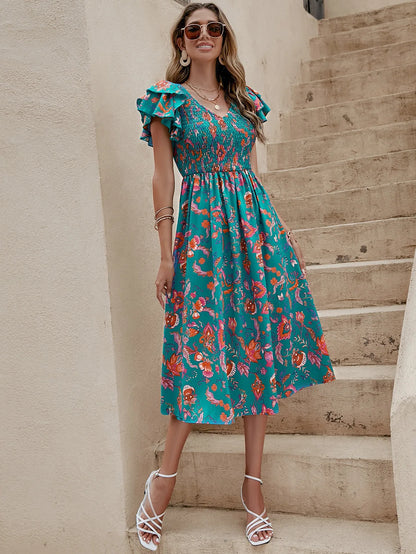 Summer Floral Print Midi Dress Women Fashion Slim Ruffle Sleeve Beach Dress Casual Elegant Green A-line New In Dresses
