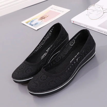 Women’s White Lace Breathable Slip-On Sneakers – Casual Summer Flats with Low Wedge Comfort Sole