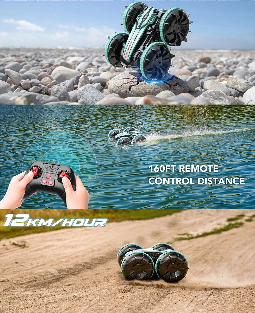 Remote Control Car 2.4G Rc Boat Waterproof Controlled Amphibious Stunt Car 4WD All Terrain Beach Pool Toys for Boys Girls Gift