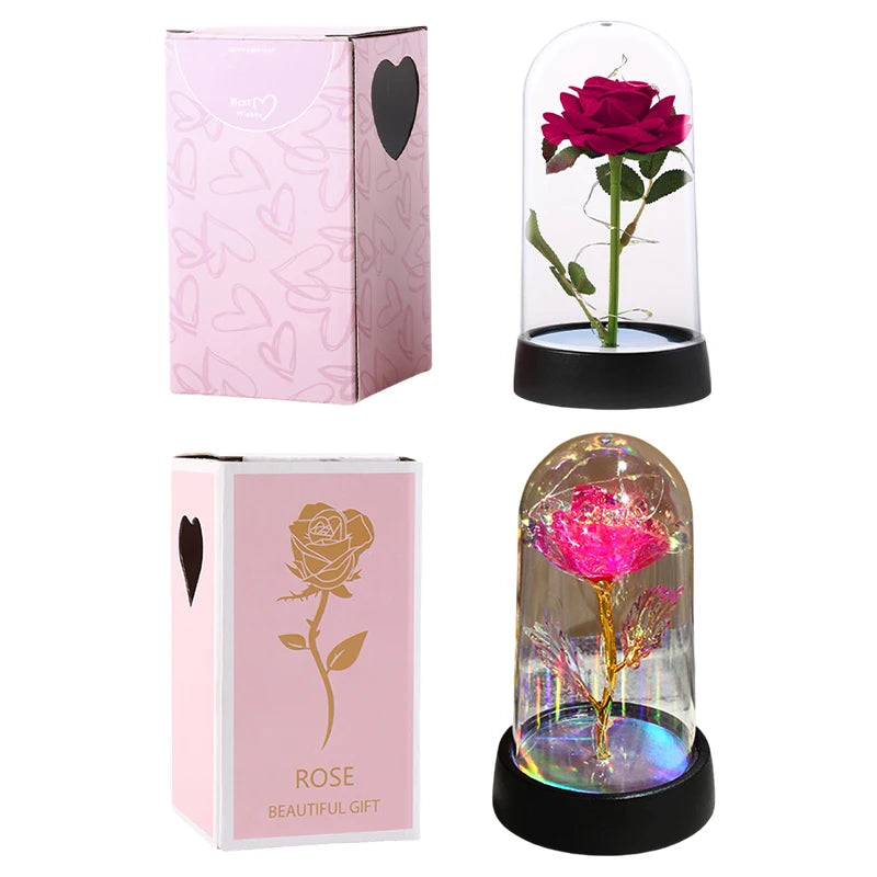 Artificial Rose Flowers Eternal Rose LED Light Foil Flower in Glass Cover Simulation Rose Flower Mothers Day Gifts Party Supply