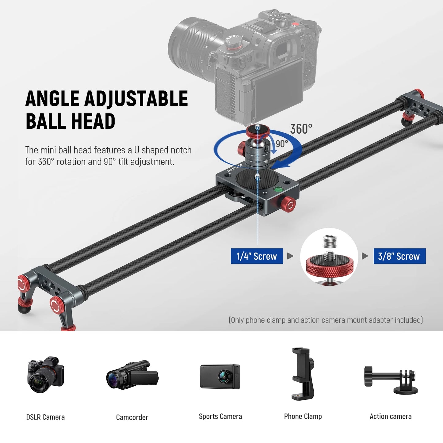 NEEWER 60cm Carbon Fiber Camera Slider with Ball Head