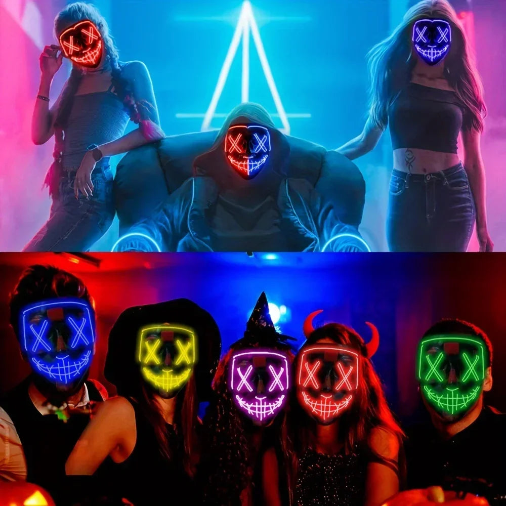 LED Halloween Mask Glow in The Dark Scary Terror Face Cover Bright Scream Light Up Costume for Men Carnival Party